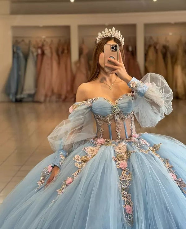 Sky Blue Quinceanera Dresses with 3D Flowers and Half Sleeve