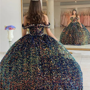 Sequined Ball - Gown Off Shoulder Beaded Velvet Quinceanera Dresses - KissProm