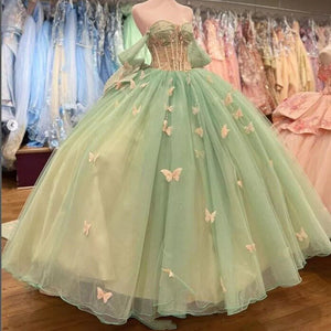 Ball Gown Light Green Tulle Quinceanera Dress With Butterflies
