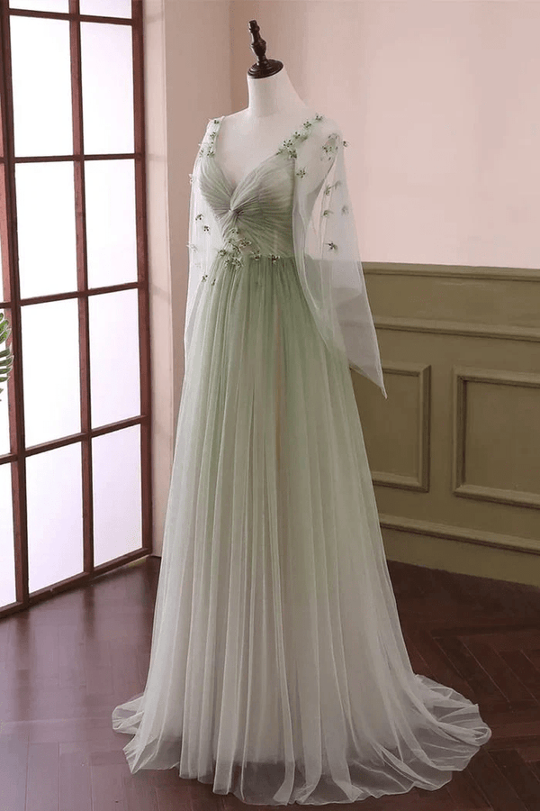 Sage Long Sleeves A Line Tulle Prom Dress With Appliques – Prom Dresses by KissProm | Available at KissProm