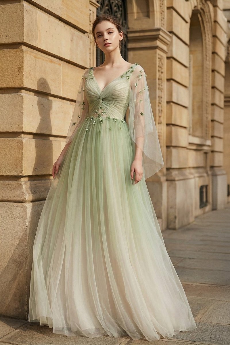 Sage Long Sleeves A Line Tulle Prom Dress With Appliques – Prom Dresses by KissProm | Available at KissProm