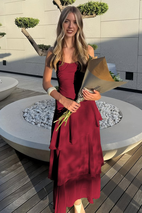 Yellow Spaghetti Straps Chiffon Sheath Long Formal Prom Dresses With Ruffles – Prom Dress by KissProm | Available at KissProm