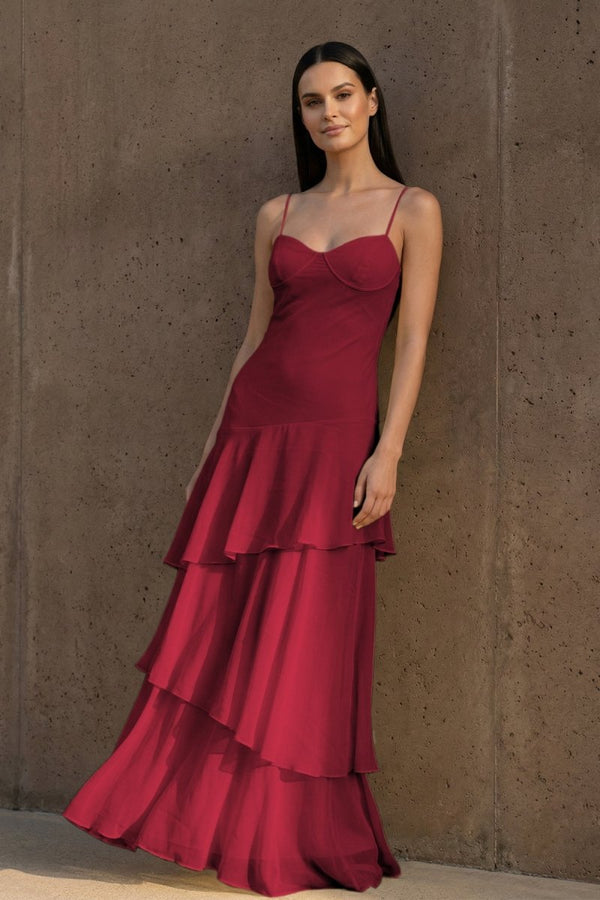Yellow Spaghetti Straps Chiffon Sheath Long Formal Prom Dresses With Ruffles – Prom Dress by KissProm | Available at KissProm