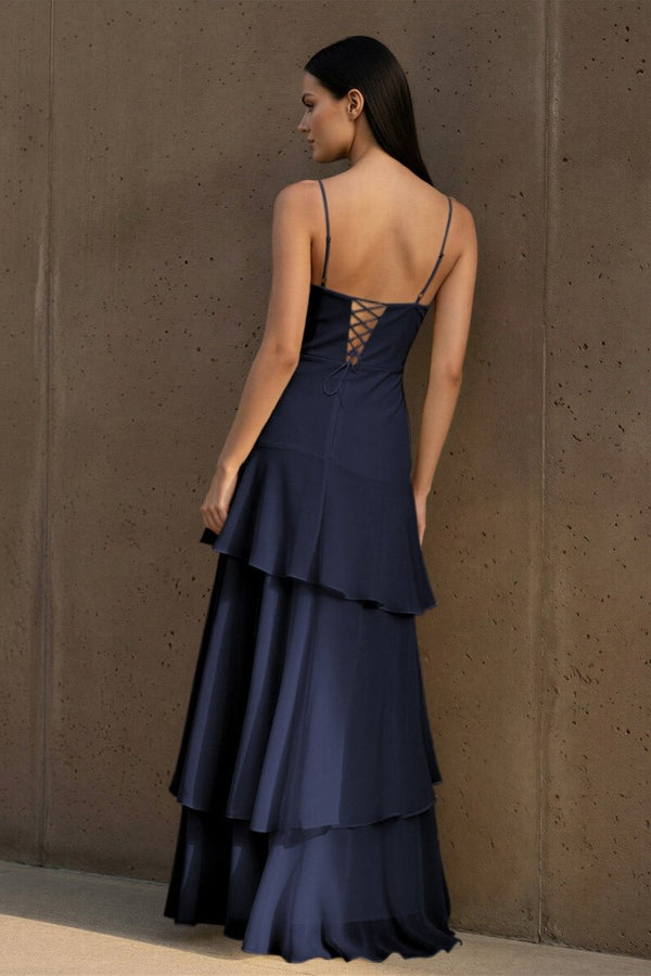 Yellow Spaghetti Straps Chiffon Sheath Long Formal Prom Dresses With Ruffles – Prom Dress by KissProm | Available at KissProm