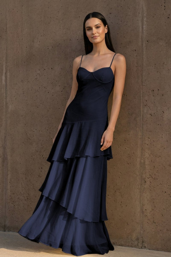 Yellow Spaghetti Straps Chiffon Sheath Long Formal Prom Dresses With Ruffles – Prom Dress by KissProm | Available at KissProm