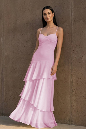 Yellow Spaghetti Straps Chiffon Sheath Long Formal Prom Dresses With Ruffles – Prom Dress by KissProm | Available at KissProm