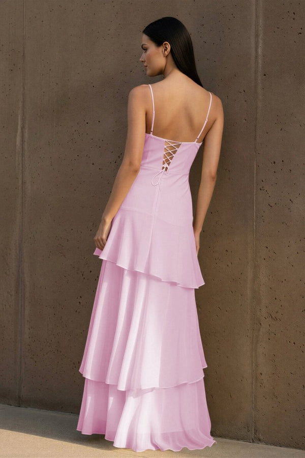 Yellow Spaghetti Straps Chiffon Sheath Long Formal Prom Dresses With Ruffles – Prom Dress by KissProm | Available at KissProm