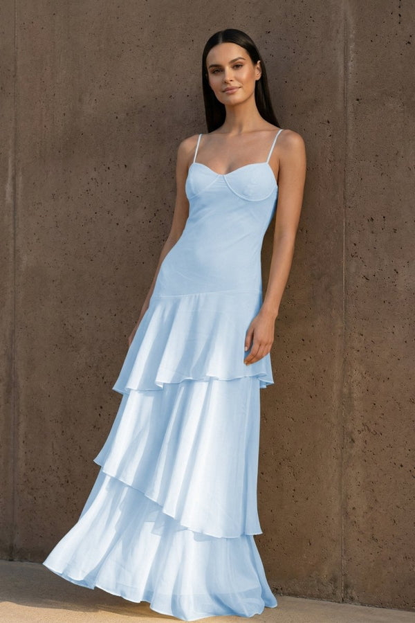 Yellow Spaghetti Straps Chiffon Sheath Long Formal Prom Dresses With Ruffles – Prom Dress by KissProm | Available at KissProm