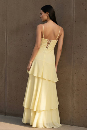 Yellow Spaghetti Straps Chiffon Sheath Long Formal Prom Dresses With Ruffles – Prom Dress by KissProm | Available at KissProm