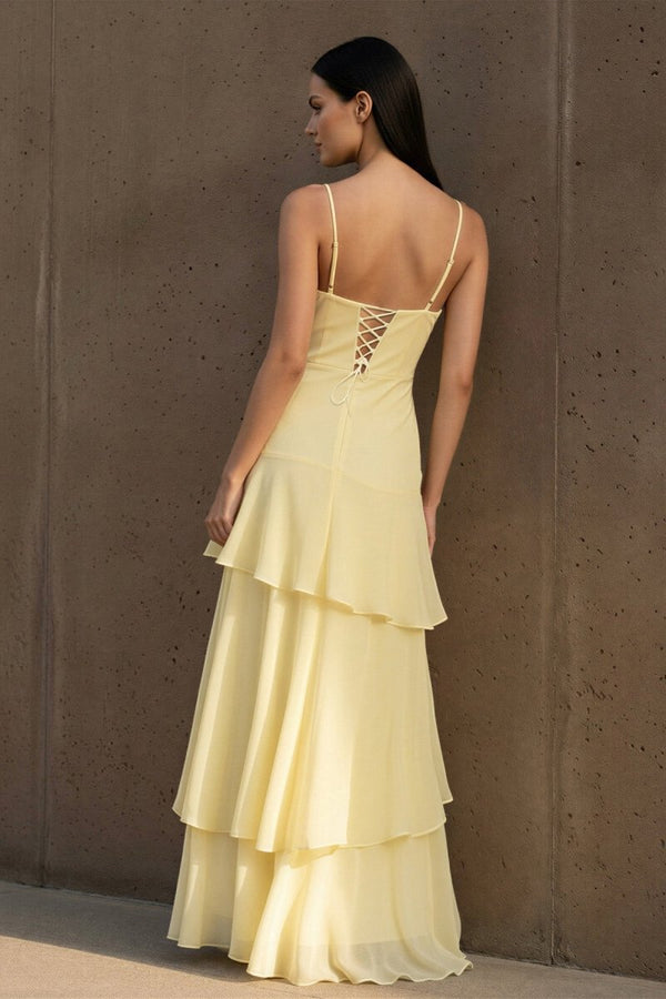 Yellow Spaghetti Straps Chiffon Sheath Long Formal Prom Dresses With Ruffles – Prom Dress by KissProm | Available at KissProm