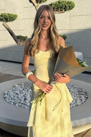Yellow Spaghetti Straps Chiffon Sheath Long Formal Prom Dresses With Ruffles – Prom Dress by KissProm | Available at KissProm