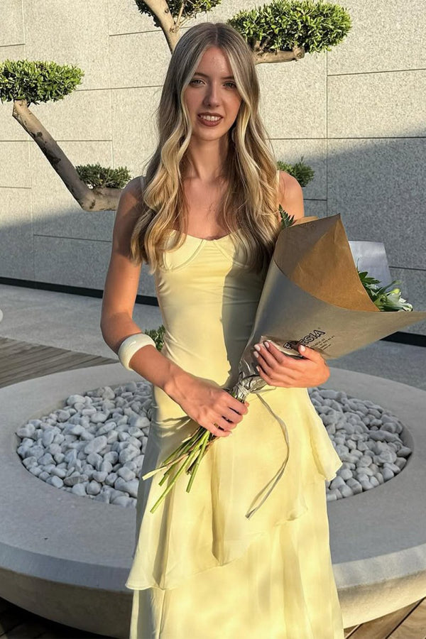 Yellow Spaghetti Straps Chiffon Sheath Long Formal Prom Dresses With Ruffles – Prom Dress by KissProm | Available at KissProm