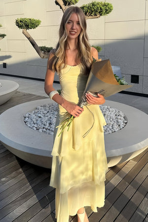 Yellow Spaghetti Straps Chiffon Sheath Long Formal Prom Dresses With Ruffles – Prom Dress by KissProm | Available at KissProm