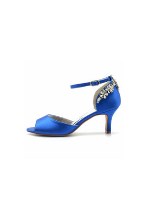 Satin Ankle Strap Rhinestone Chunky Heels - KissProm