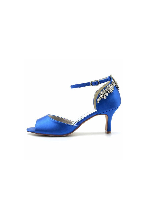 Satin Ankle Strap Rhinestone Chunky Heels - KissProm