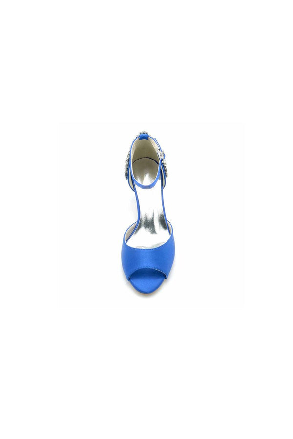 Satin Ankle Strap Rhinestone Chunky Heels - KissProm