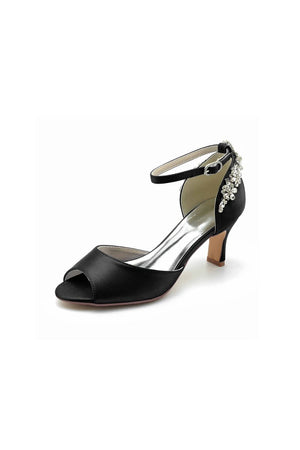 Satin Ankle Strap Rhinestone Chunky Heels - KissProm
