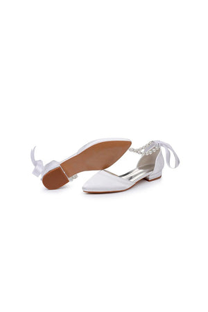 Satin Beaded Ribbon Low Heels Bridal Shoes - KissProm