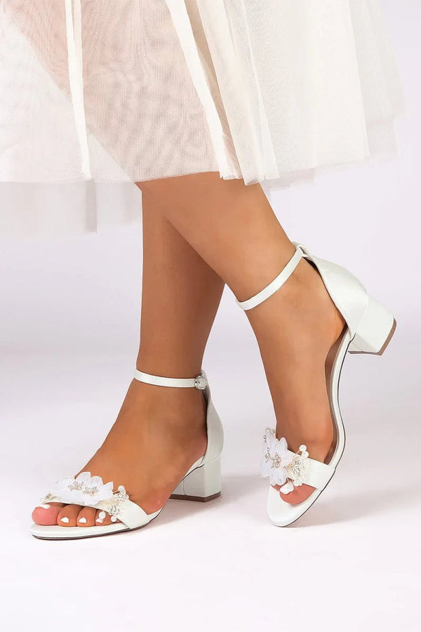 Satin Block - Heel Sandal Featuring Delicate Floral Rhinestone Decorations - KissProm