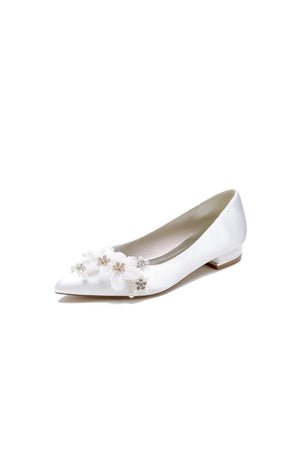 Satin Champagne Flats with Delicate Flower Embellishments - KissProm