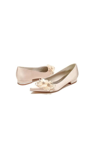 Satin Champagne Flats with Delicate Flower Embellishments - KissProm