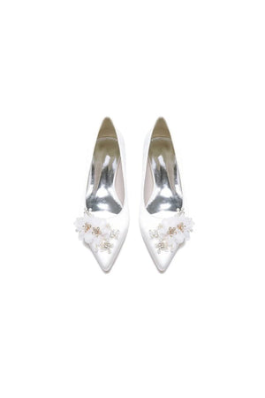 Satin Champagne Flats with Delicate Flower Embellishments - KissProm