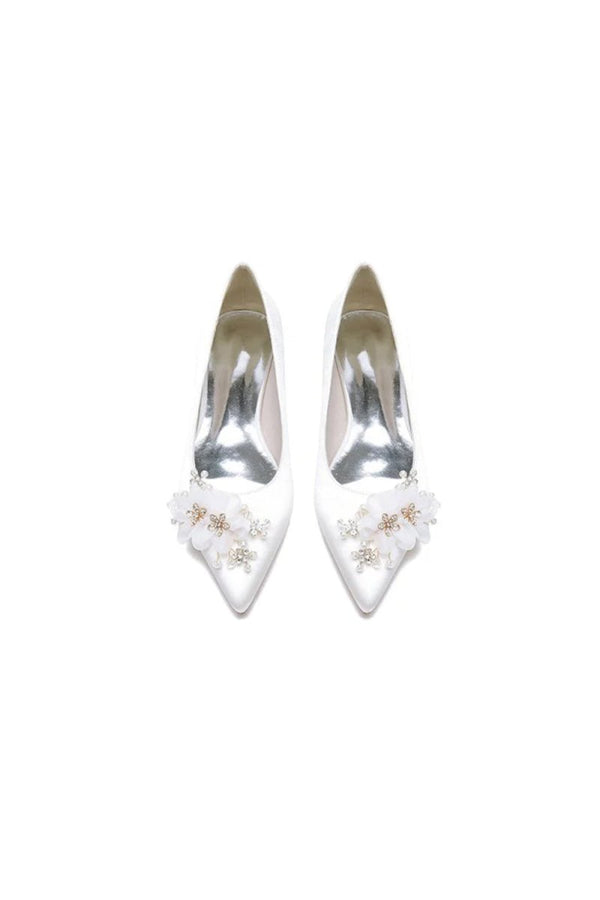 Satin Champagne Flats with Delicate Flower Embellishments - KissProm