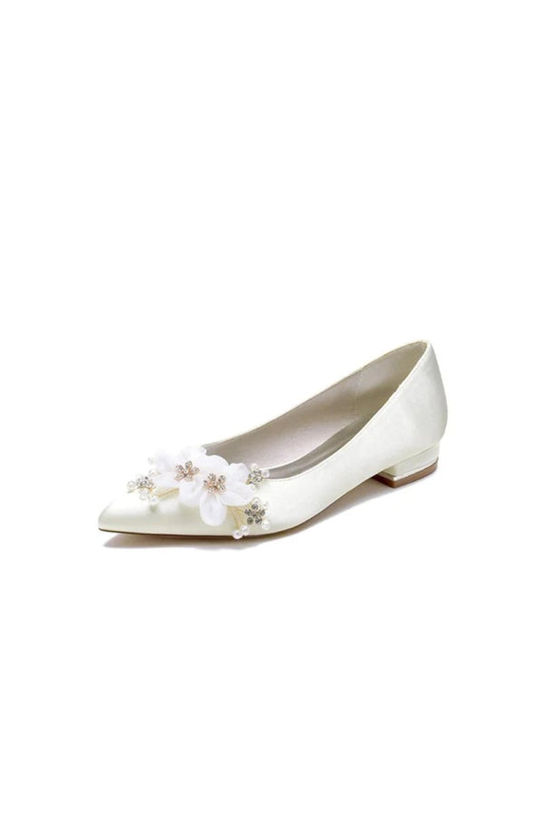 Satin Champagne Flats with Delicate Flower Embellishments - KissProm