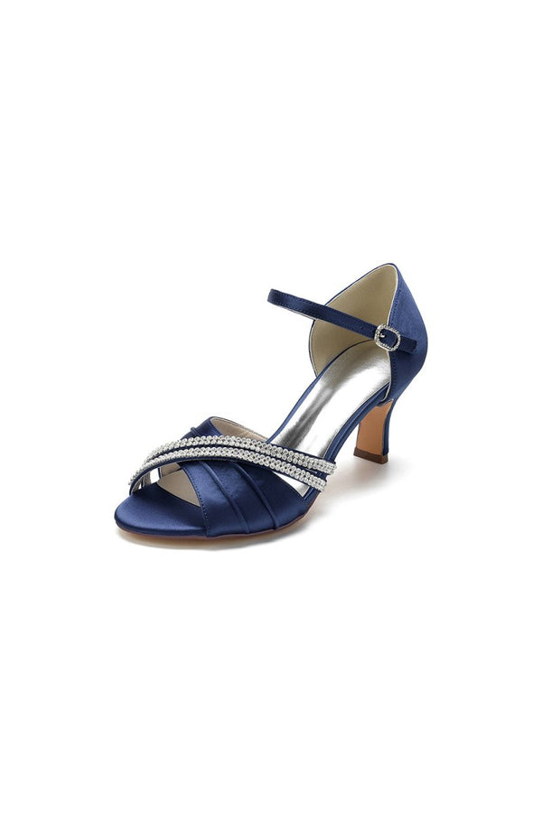 Blue Satin Heels with Elegant Silver Buckle and Rhinestone Detail - KissProm