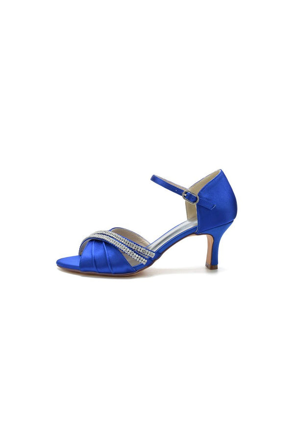 Blue Satin Heels with Elegant Silver Buckle and Rhinestone Detail - KissProm