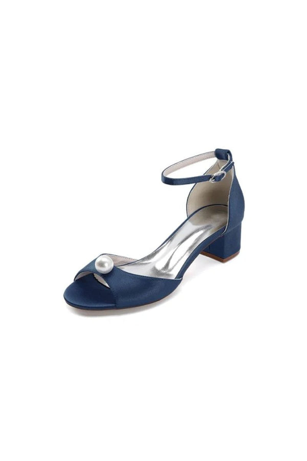 Satin Low - Heel Sandals with Pearl Accent and Ankle Strap - KissProm