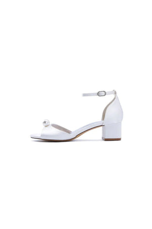 Satin Low - Heel Sandals with Pearl Accent and Ankle Strap - KissProm