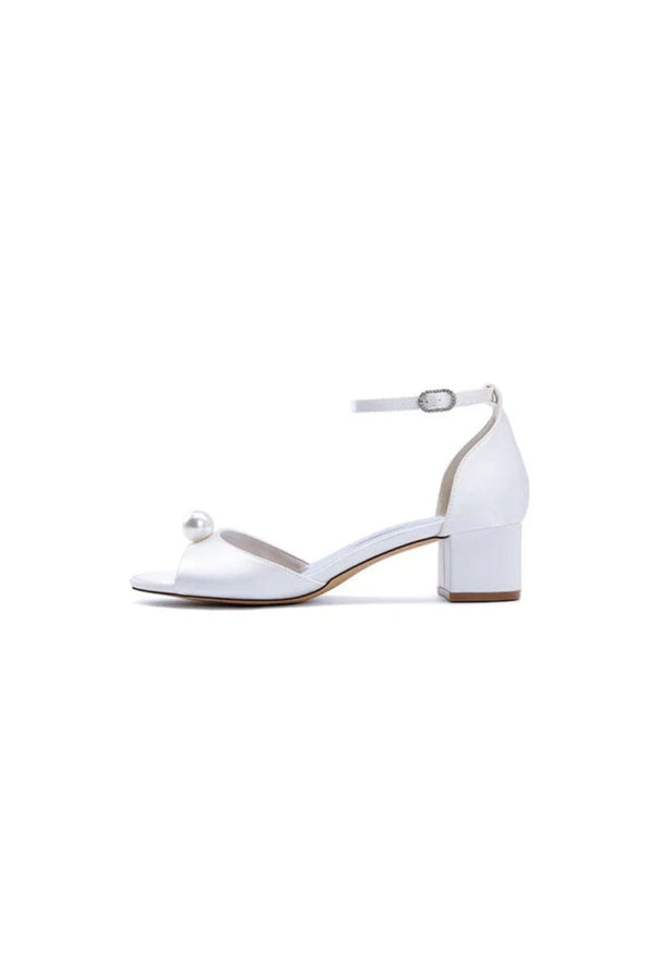 Satin Low - Heel Sandals with Pearl Accent and Ankle Strap - KissProm