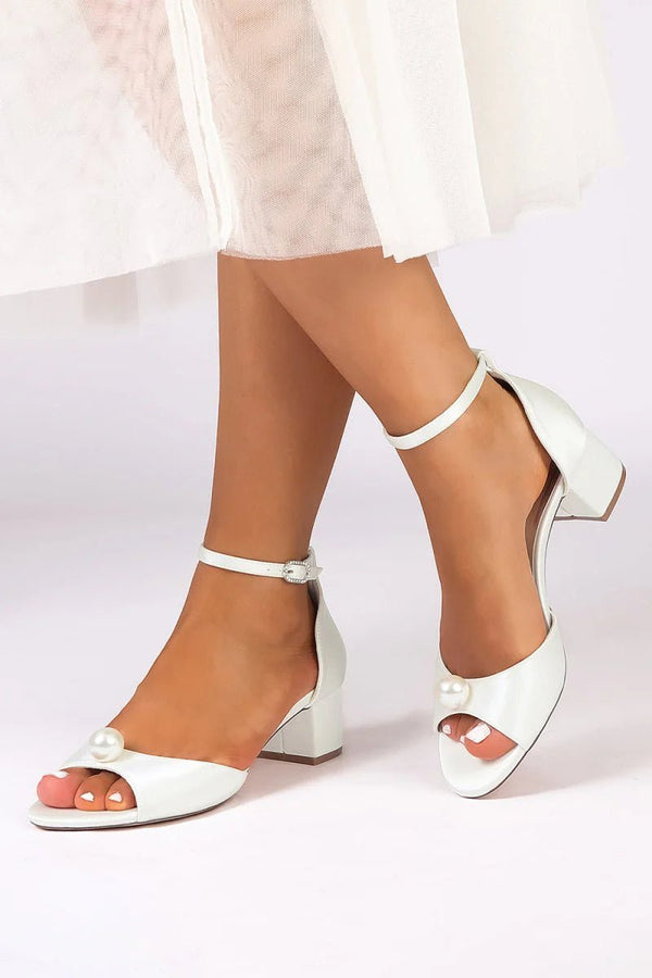 Satin Low - Heel Sandals with Pearl Accent and Ankle Strap - KissProm