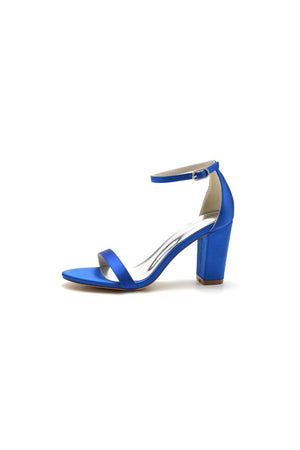 Satin Open Toe Ankle Strap Chunky Heels - KissProm