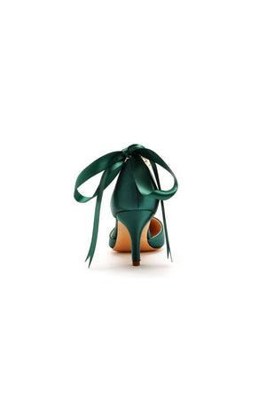 Satin Pearl Ribbon Tie Pointed Toe Ankle Strap High Heels - KissProm
