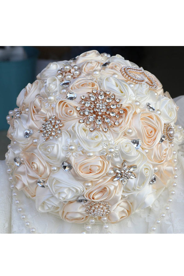 Satin Pearl String Cascade Wedding Flower Bouquets with Rhinestone - KissProm