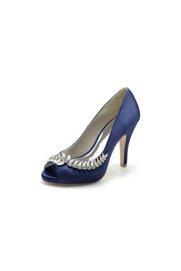 Satin Peep Toe Slip - on Rhinestone High Heels - KissProm