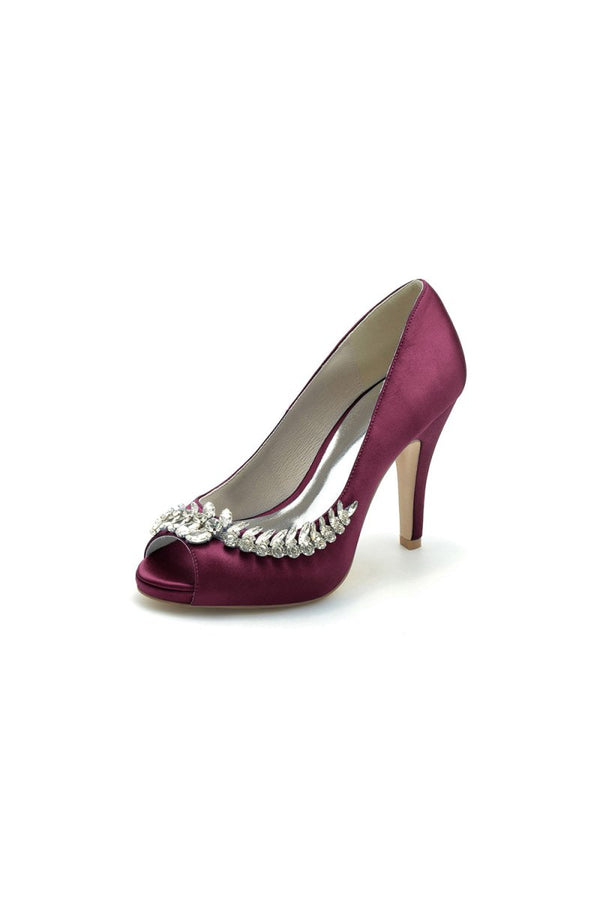 Satin Peep Toe Slip - on Rhinestone High Heels - KissProm