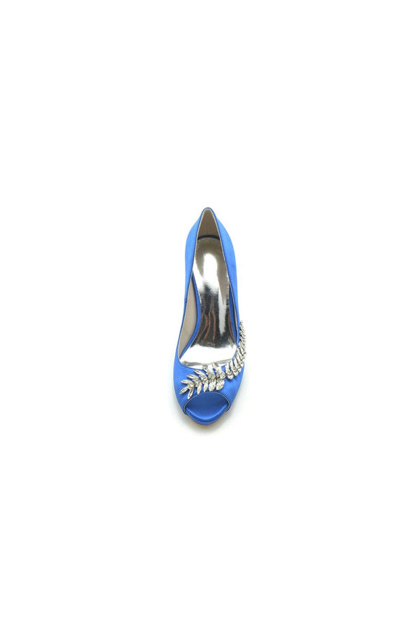 Satin Peep Toe Slip - on Rhinestone High Heels - KissProm