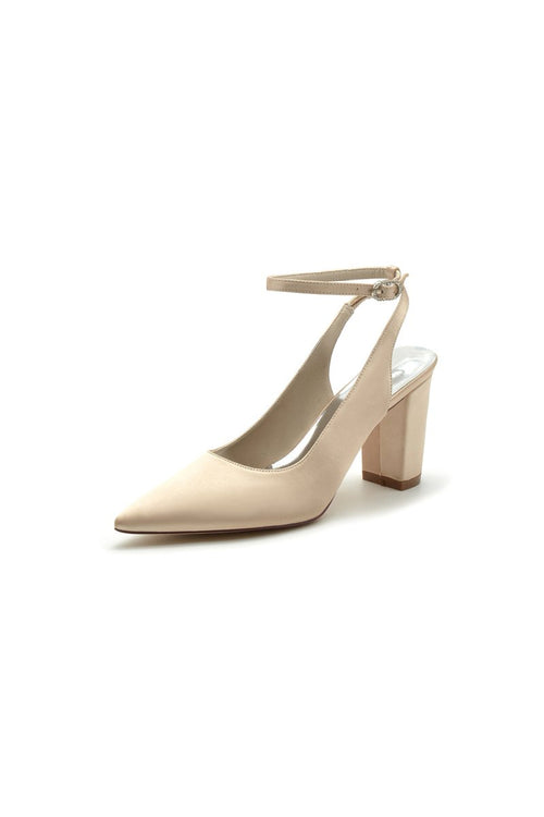 Satin Pointed Toe Ankle Strap Chunky Heels - KissProm