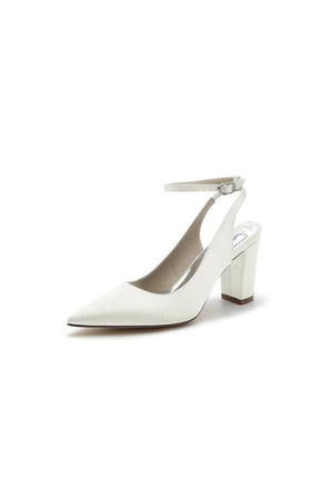 Satin Pointed Toe Ankle Strap Chunky Heels - KissProm