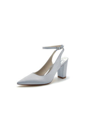 Satin Pointed Toe Ankle Strap Chunky Heels - KissProm
