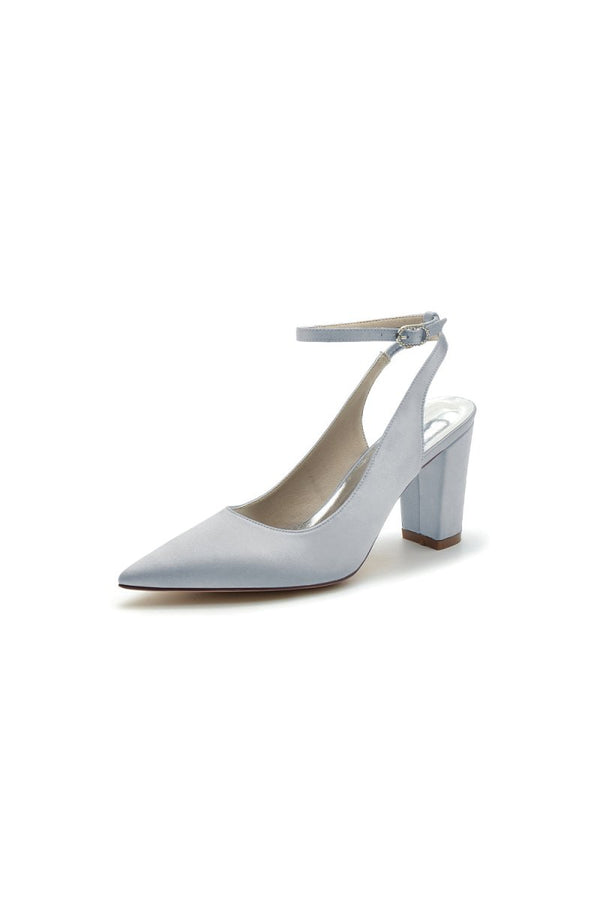 Satin Pointed Toe Ankle Strap Chunky Heels - KissProm