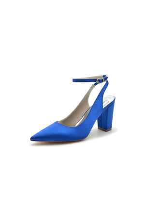 Satin Pointed Toe Ankle Strap Chunky Heels - KissProm