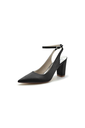 Satin Pointed Toe Ankle Strap Chunky Heels - KissProm