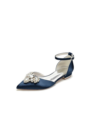 Satin Pointed Toe Ankle Strap Rhinestone Kitten Heels - KissProm