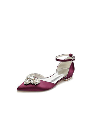 Satin Pointed Toe Ankle Strap Rhinestone Kitten Heels - KissProm