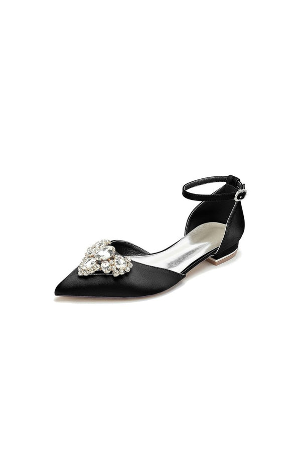 Satin Pointed Toe Ankle Strap Rhinestone Kitten Heels - KissProm