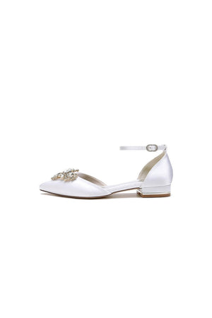 Satin Pointed Toe Ankle Strap Rhinestone Kitten Heels - KissProm